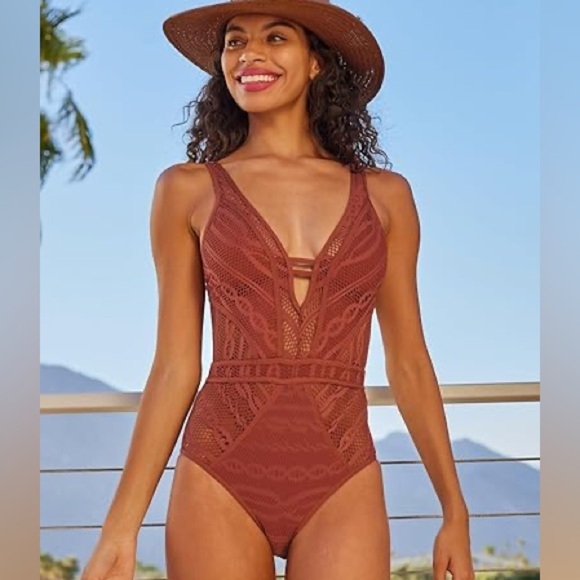 BECCA Color Play - Women's One Piece Swimsuit, Plunge, Crochet, Bronzed, X-Large - Picture 2 of 11